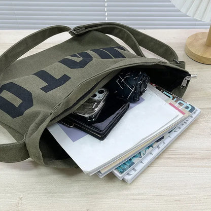 Large Canvas Tote Bag – Letter Print Crossbody Shoulder Bag