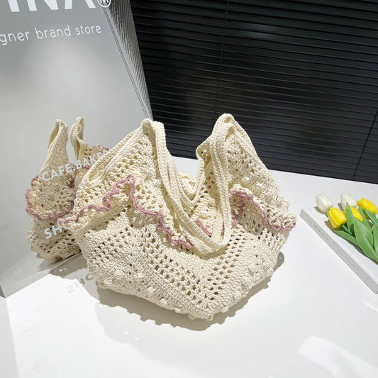 Yarn Lace Hollow Out Shoulder Bags Summer Solid Color Women S Brand Sewing Beach Vacation Handbags