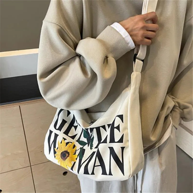 Encrypted Padded Letters Canvas Bag Fashionable Gentlewoman Shoulder Chic Pattern Daily Use Work