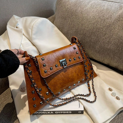 Rivet Crossbody Bag – Vintage Faux Leather Chain Shoulder Purse