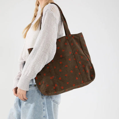Strawberry Corduroy Tote Bag – Large Shoulder Bag for Women