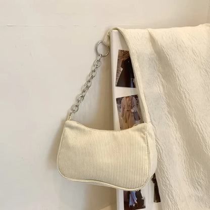 Minimalist Corduroy Versatile Bag Chain Accent Underarm Bag Zipper Closure Casual Shoulder Purse