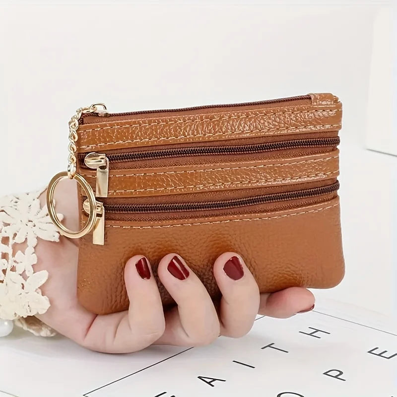 Leather Multi Zipper Pouch Mini Coin Purse Keyring Split Pocket Compact Card Cash Storage Wallet