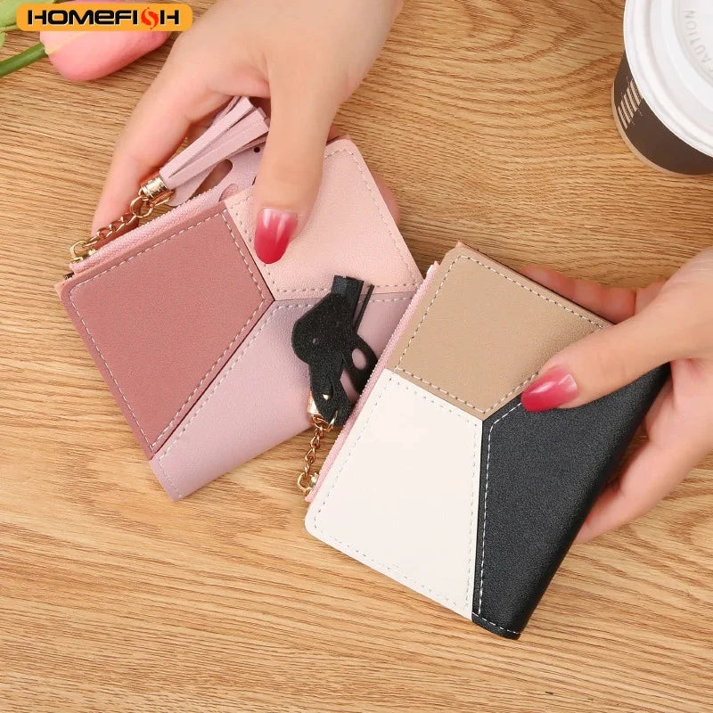 Homefish Purse Female Short Korean Version Collage Color Tassel Ultra-Thin Two-Fold Wallet Card Bag
