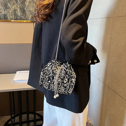 Silver Sequin Mini Pouch Crossbody Bags Pearl Drop Drawstring