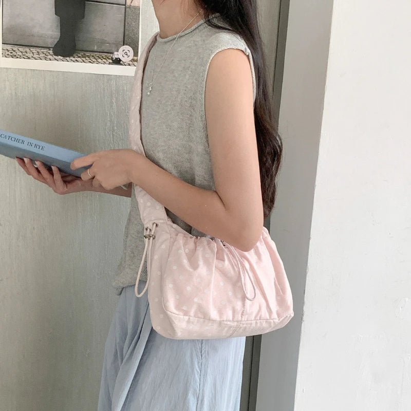 Women Polka Dot Underarm Bag Large Capacity Crossbody Retro Drawstring Pleated Dumpling Outdoor