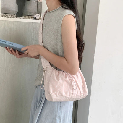 Women Polka Dot Underarm Bag Large Capacity Crossbody Retro Drawstring Pleated Dumpling Outdoor