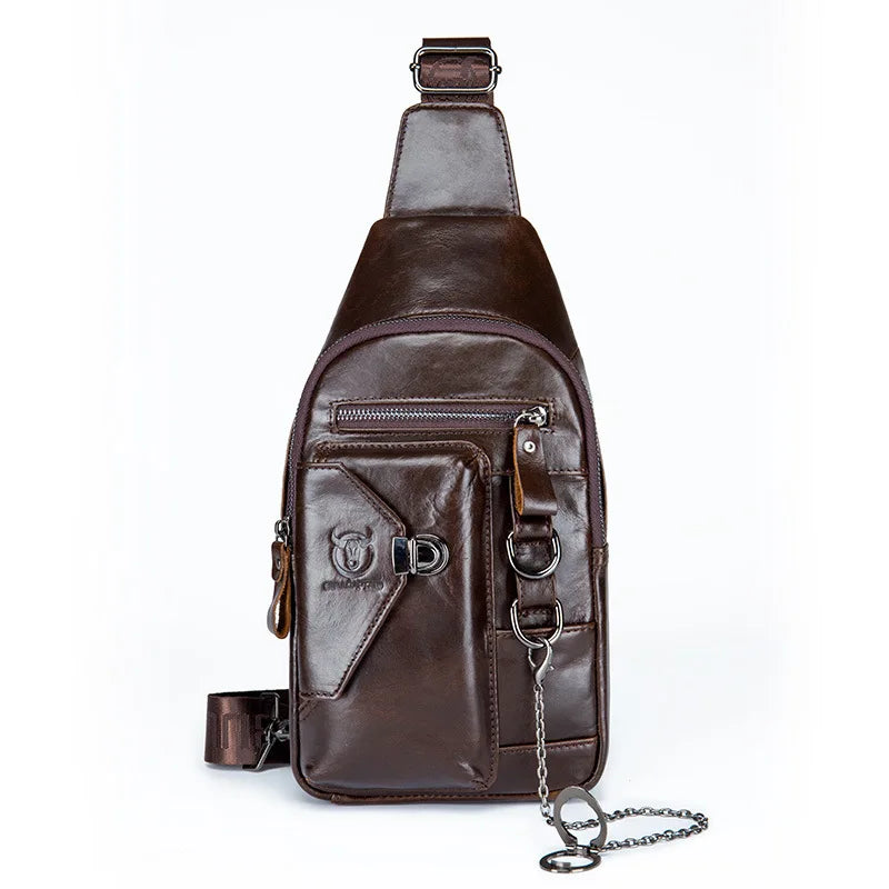 Men S Genuine Leather Chest Bag Soft Top Layer Cowhide Lock Mobile Phone Storage Chain