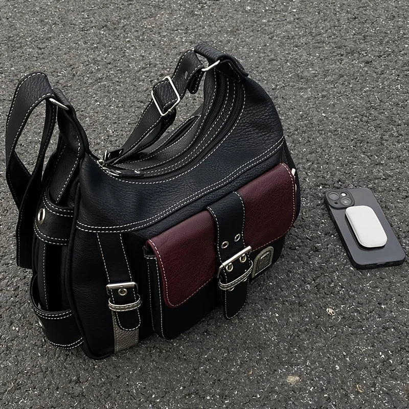 Vintage Leather Crossbody Bag – Y2K Large Capacity Shoulder Bag