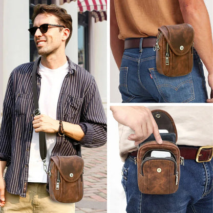 Retro Crazy Horse Leather Men S 7-Inch Mobile Phone Waist Bag Belt Multi-Functional Genuine Leather