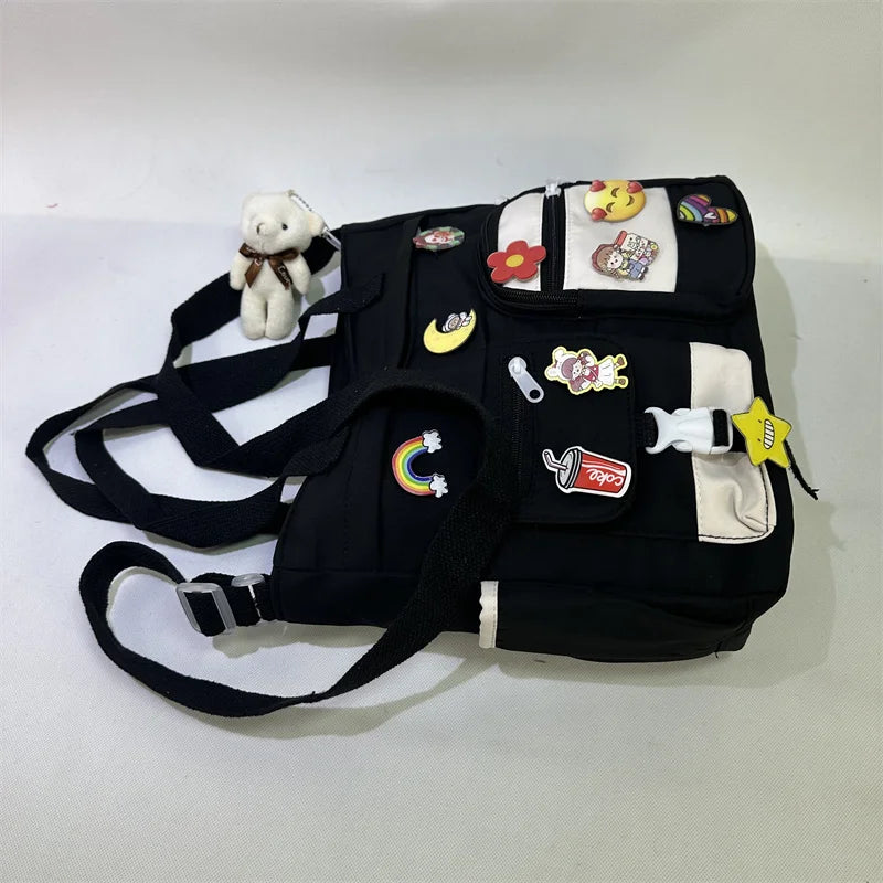 Waterproof Oxford Cloth Handbag Splicing Crossbody Bag Badge Pendant Women Shoulder Student School