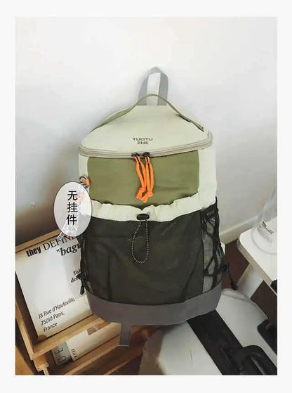Color Block Nylon Backpack Mesh Pocket Orange Drawstring Adjustable Straps Student School Outdoor