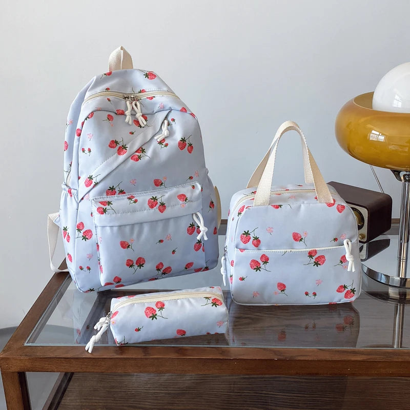 Fashionable Cute Strawberry Backpack Set 3pcs Handbag Pen Pouch Quilted Nylon Women S Dual Zipper