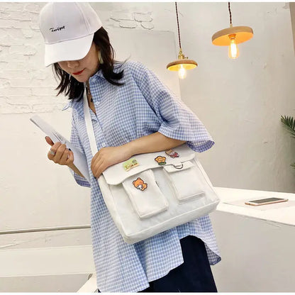 Cute Canvas Crossbody Bag for Women with Cartoon Badge Pins