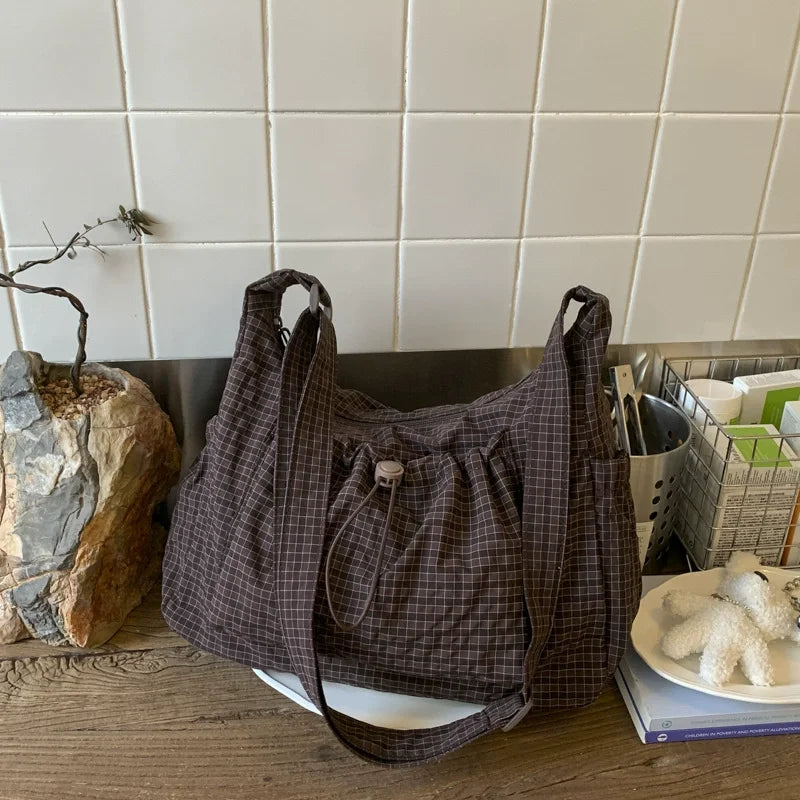 Korean Nylon Shoulder Bags Simple Plaid Zipper Tote Drawstring Pleated Cloud Commuter Crossbody Bag