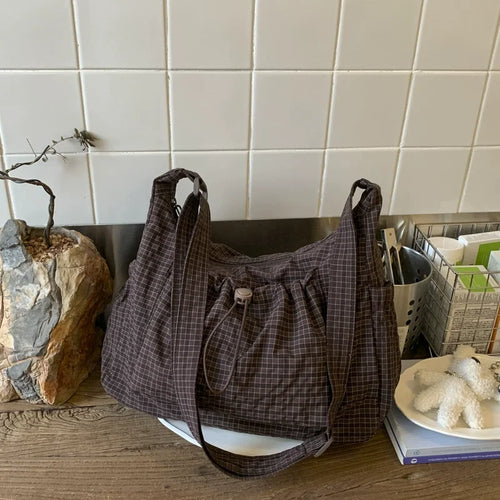 Korean Nylon Shoulder Bags Simple Plaid Zipper Tote Drawstring Pleated Cloud Commuter Crossbody Bag