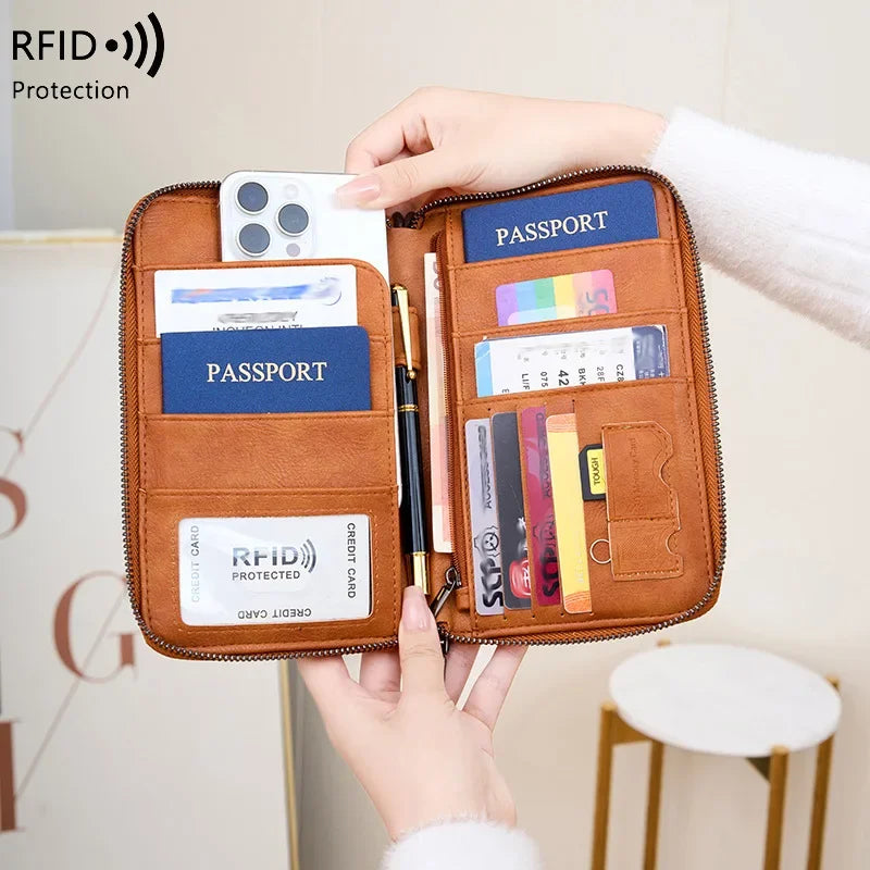 Multi-Function Rfid Blocking Passport Wallet Zip-Up Protective Case Travel Documents Finances