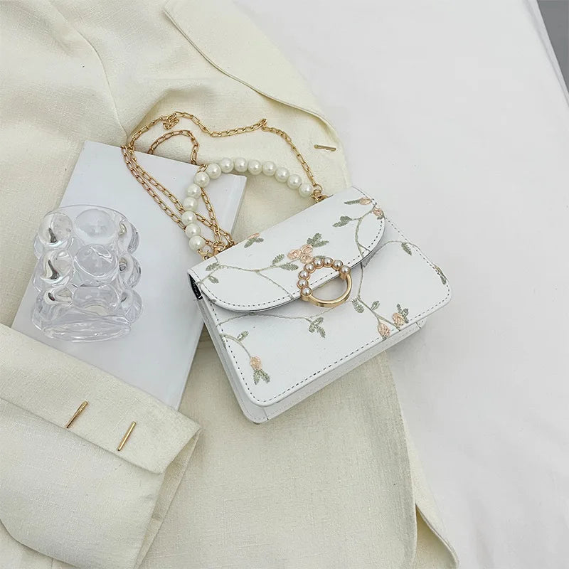 Pearl Chain Floral Embroidered Mini Shoulder Bag