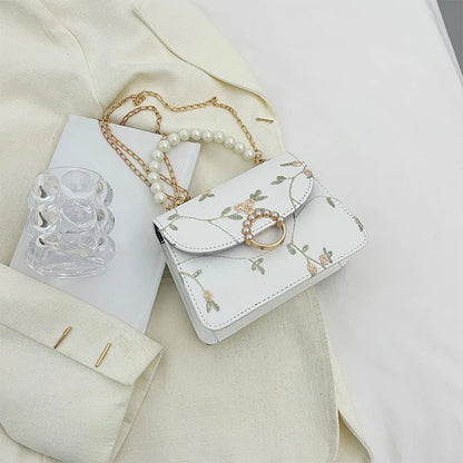 Pearl Chain Floral Embroidered Mini Shoulder Bag