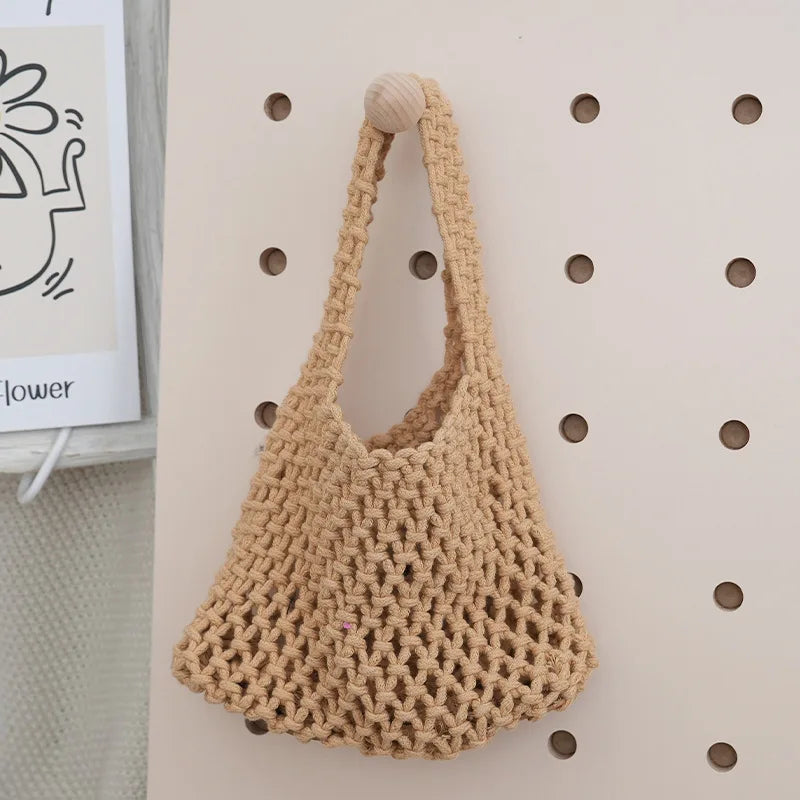 Macrame Net Tote Bag – Boho Knitted Cotton Rope Shoulder Bag