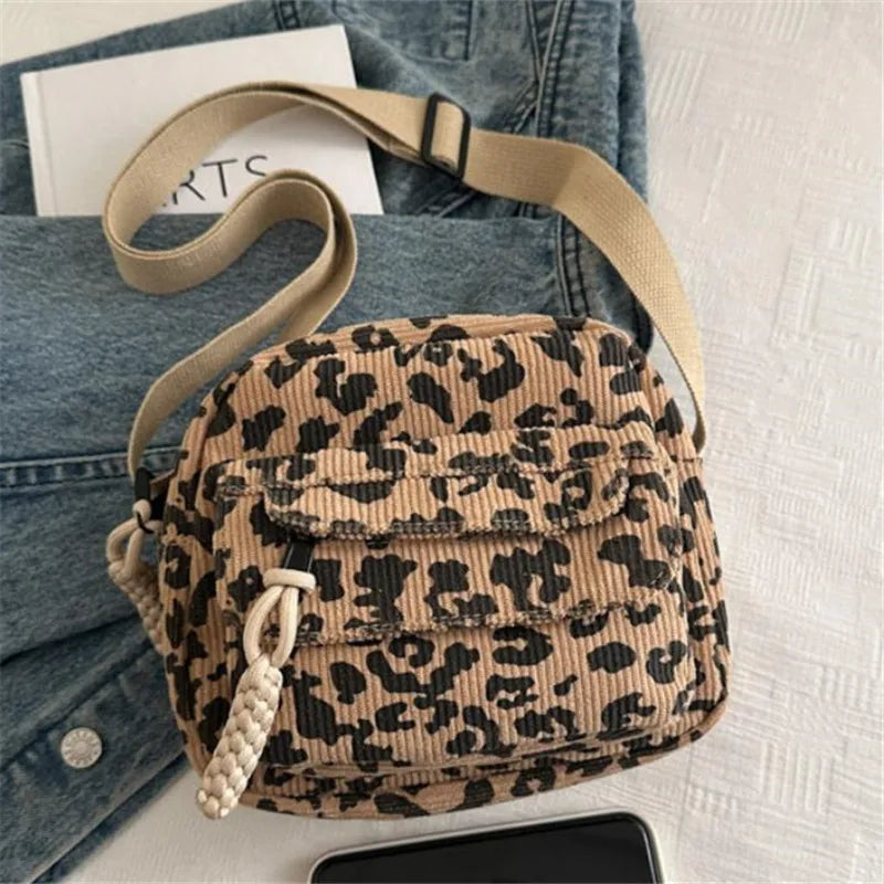 Leopard Print Corduroy Mini Crossbody Bag for Women