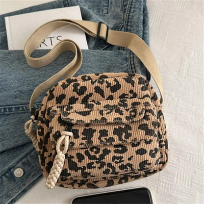 Leopard Print Corduroy Mini Crossbody Bag for Women