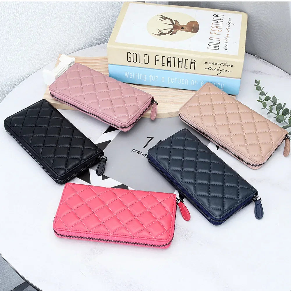 Leather Purse Women S Long Large Capacity Sheepskin Embroidered Diamond Check Zipper Wallet Mobile