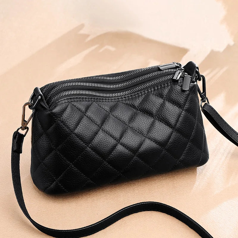 Leather Rhomb Shoulder Bag Women Simple Casual Soft Zipper Large Capacity Cowhide Crossbody - Soft