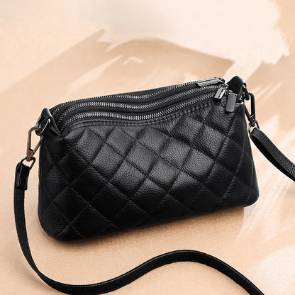 Leather Rhomb Shoulder Bag Women Simple Casual Soft Zipper Large Capacity Cowhide Crossbody - Soft