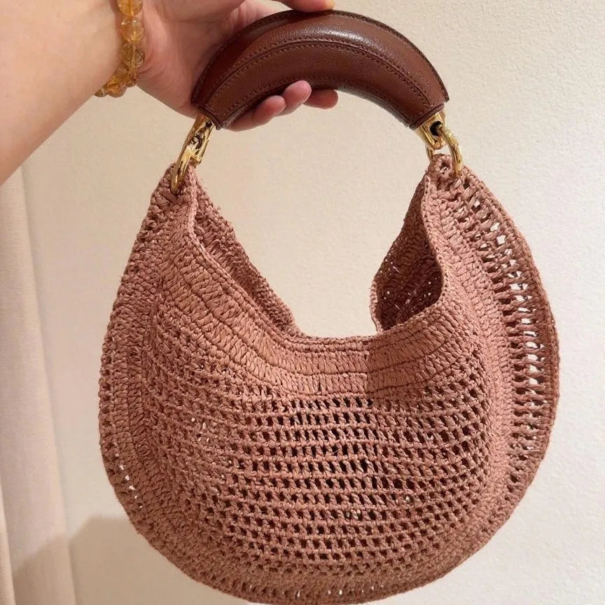Popular Straw Crescent Bag Woven Tote Pu Leather Handle