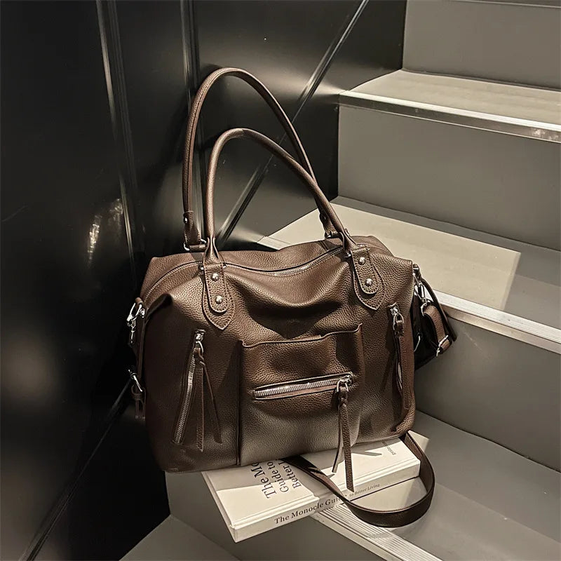 Leather Tote Bag with Tassel – Zipper Crossbody Handbag