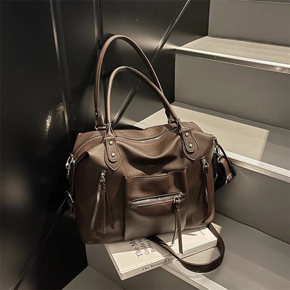 Leather Tote Bag with Tassel – Zipper Crossbody Handbag