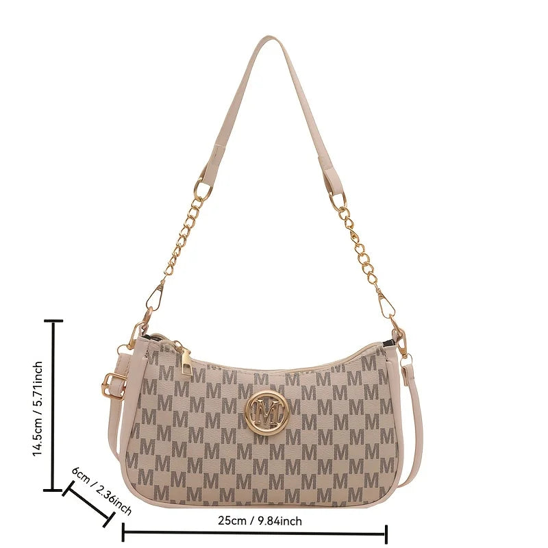 Classic Pattern Shoulder Bags Round Gold Emblem Adjustable Strap Elegant Design Daily Commutes