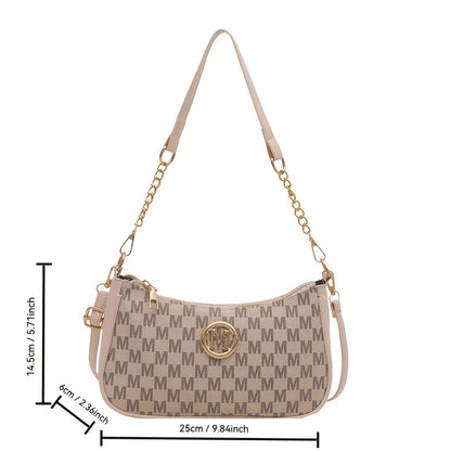 Classic Pattern Shoulder Bags Round Gold Emblem Adjustable Strap Elegant Design Daily Commutes