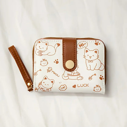 Cute Cat Print Wallet Women Tri-Fold Snap Closure Card Holder Purse