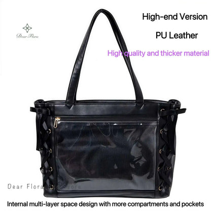Japanese Sweet Women Ribbon Ita Bag Cute Lolita Girl Transparent Handbags Large Capacity Tote