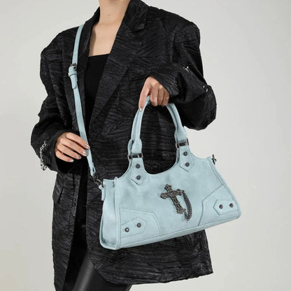 Gothic Shoulder Bag – Vintage Faux Leather Cross Chain Handbag