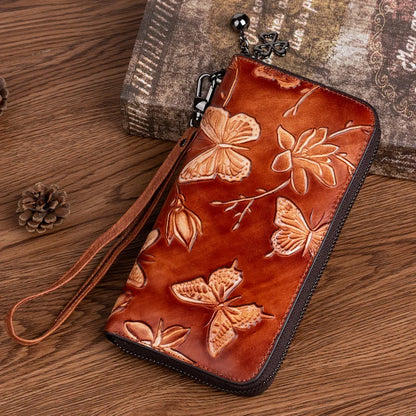 First Layer Cowhine Female Chinese Wind Pressure Flower Wipe Color Long Retro Large Capacity Mobile