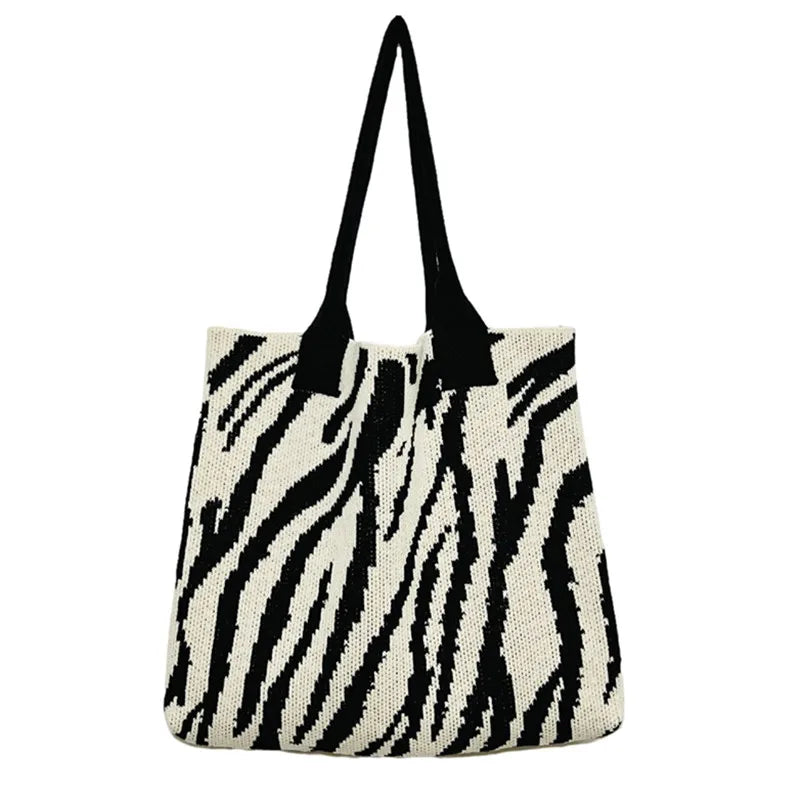 Striped Knitting Bag Commuter Large Capacity Tote Bags Woven Handbag Shoulder Bag Women Daily Use