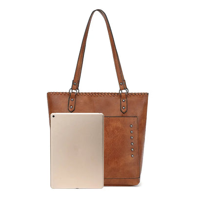 Women Vintage Rivet Faux Leather Tote Shoulder Bag Mini Wristlet Purse Daily Office Travel Shopping