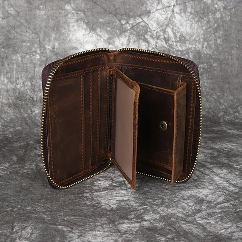 Crazy Horse Leather Men S Zipper Wallet Vertical Style Genuine Leather Cowhide Retro Handmade Change