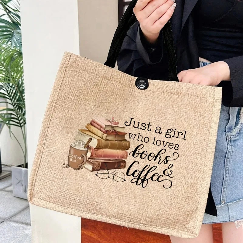 Linen Tote Bag – "Just a Girl Who Loves Books & Coffee" Print