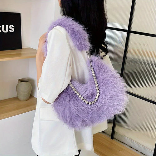 Luxurious Faux Fur Shoulder Bag - Chic Trendy Underarm Purse Pearl Chain Strap
