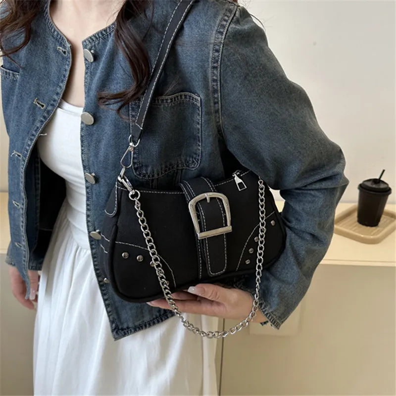 Retro Underarm Shoulder Bag – Studded Chain Crossbody Purse