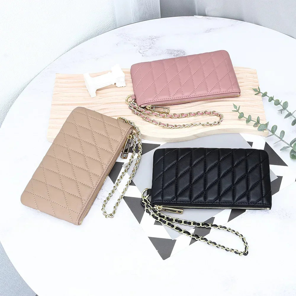 Leather Clutch Bag Women S Diamond Check Embroidered Long Wallet Multi-Functional Mobile Phone