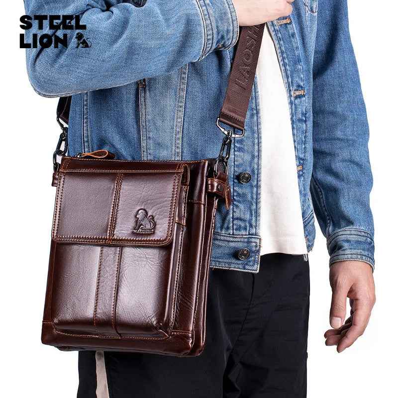 Men S Genuine Leather Crossbody Bag Top Layer Cowhide Single-Shoulder Bag Retro Large-Capacity