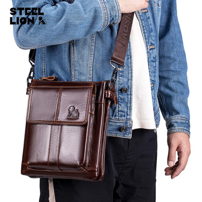 Men S Genuine Leather Crossbody Bag Top Layer Cowhide Single-Shoulder Bag Retro Large-Capacity