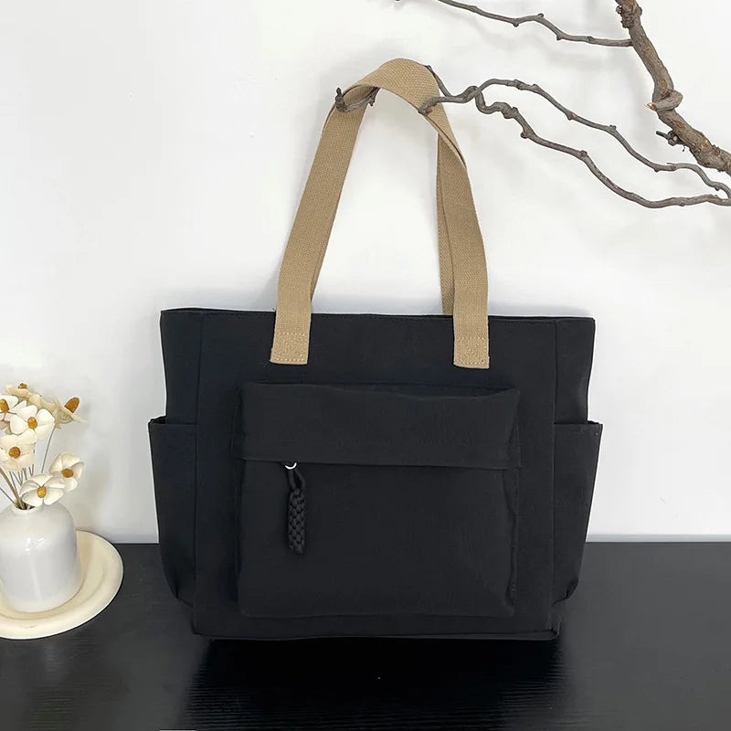 Nylon Tote Bag Multiple Pocket Lightweight Foldable Design Office Commute Shopping Fitness Storage