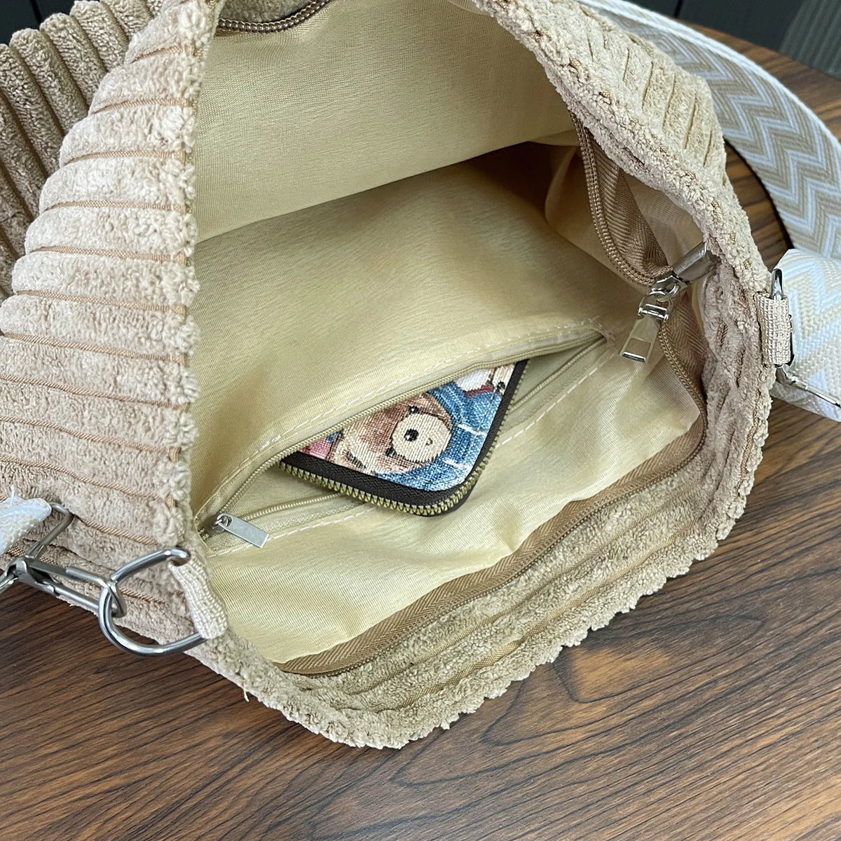 Corduroy Crossbody Bag with Wide Boho Strap