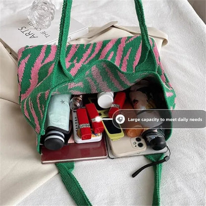 Striped Knitting Bag Commuter Large Capacity Tote Bags Woven Handbag Shoulder Bag Women Daily Use